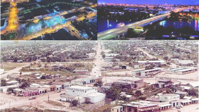 Na parte de baixo, vista aérea do segundo distrito de Ji-Paraná/RO por volta de 1978 a 1980. Foto: Amigos da Vila de Rondônia. Edição - Roberto Gutierrez.